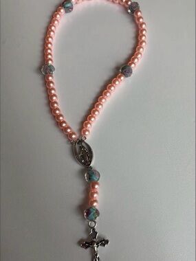 Pink Pearl Rosary Necklace with Crucifix